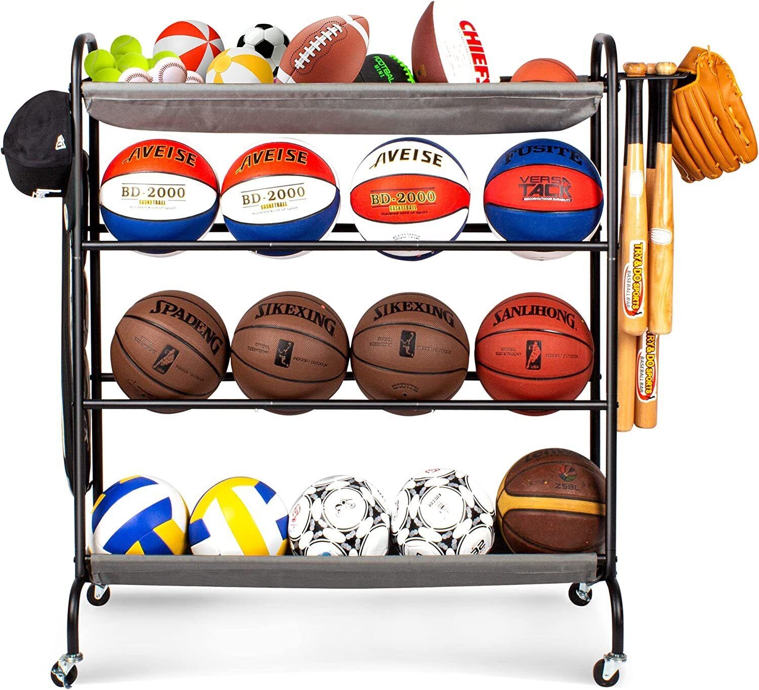Garage Ball Storage Stand with Baseball Bat Holder & Hooks Sport Equipment Cart