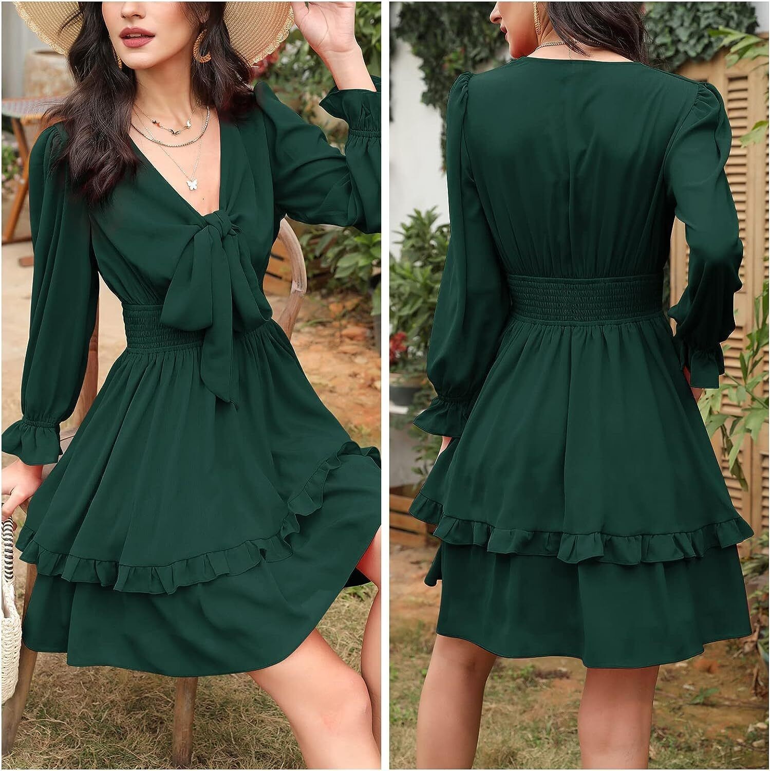 EXLURA Women Tie Front Elastic Waist Tiered Ruffle Layer Floral Balloon Long Sle