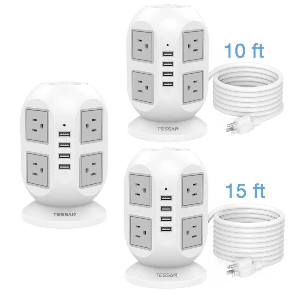 Power Strip Tower Surge Protector with 8 Outlet 4 USB 6/10/15 FT Extension Cord